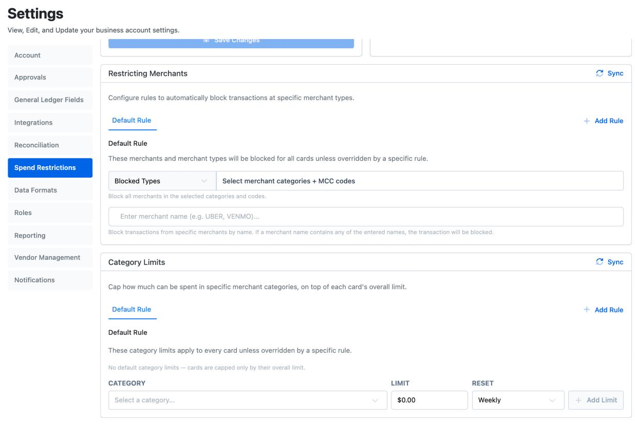 Settings, Spend Restrictions: the Default Rule under Restricting Merchants with blocked categories and merchant names, and Category Limits below it.