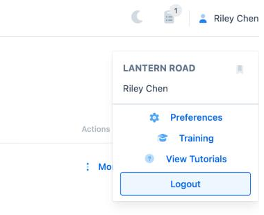 The menu under your name: the show’s name with a bookmark icon, then Preferences, Training, View Tutorials and Logout.