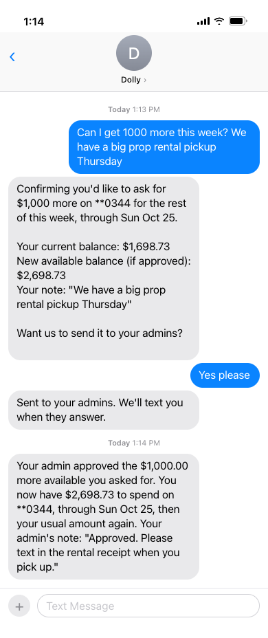 The cardholder asks for 1000 more this week. Dolly confirms the amounts, sends it to the admins, then texts that it was approved.