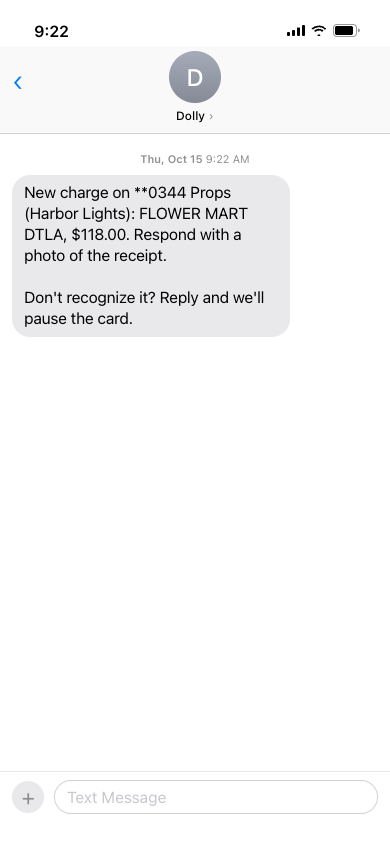 Dolly texts a new charge and asks for a photo of the receipt.