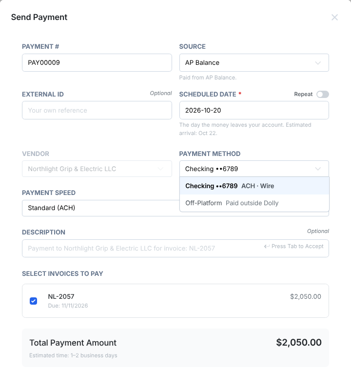 The Send Payment window with the Payment Method list open, showing a checking account that takes ACH and wire, and Off-Platform, paid outside Dolly.