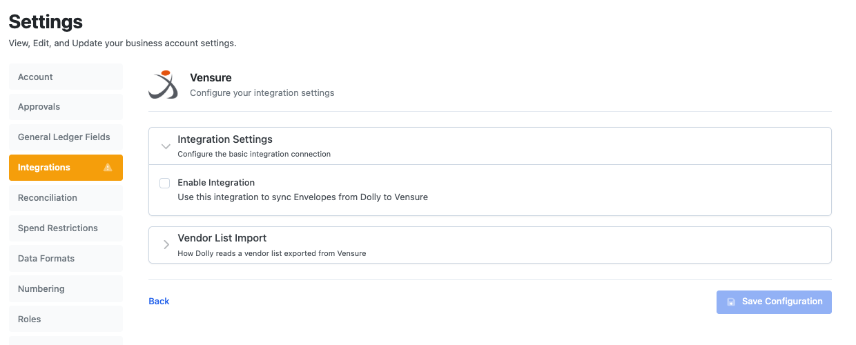 The Vensure settings with Enable Integration.