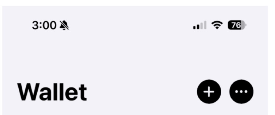 Apple Wallet screen with the plus button in the top right.