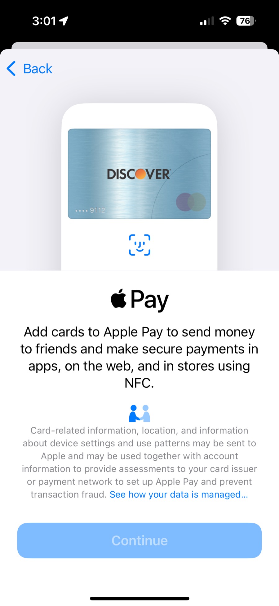 Apple Pay screen with a Continue button.