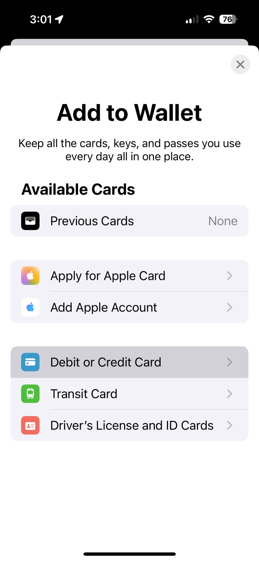 Add to Wallet screen with Debit or Credit Card highlighted.