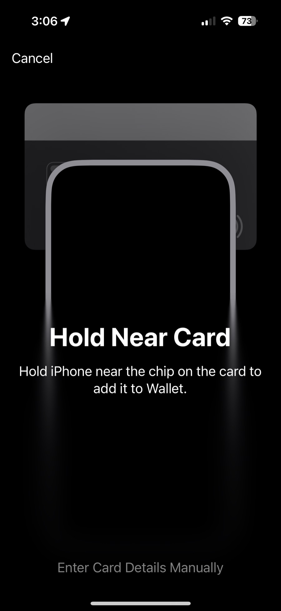 Hold Near Card screen with Enter Card Details Manually at the bottom.