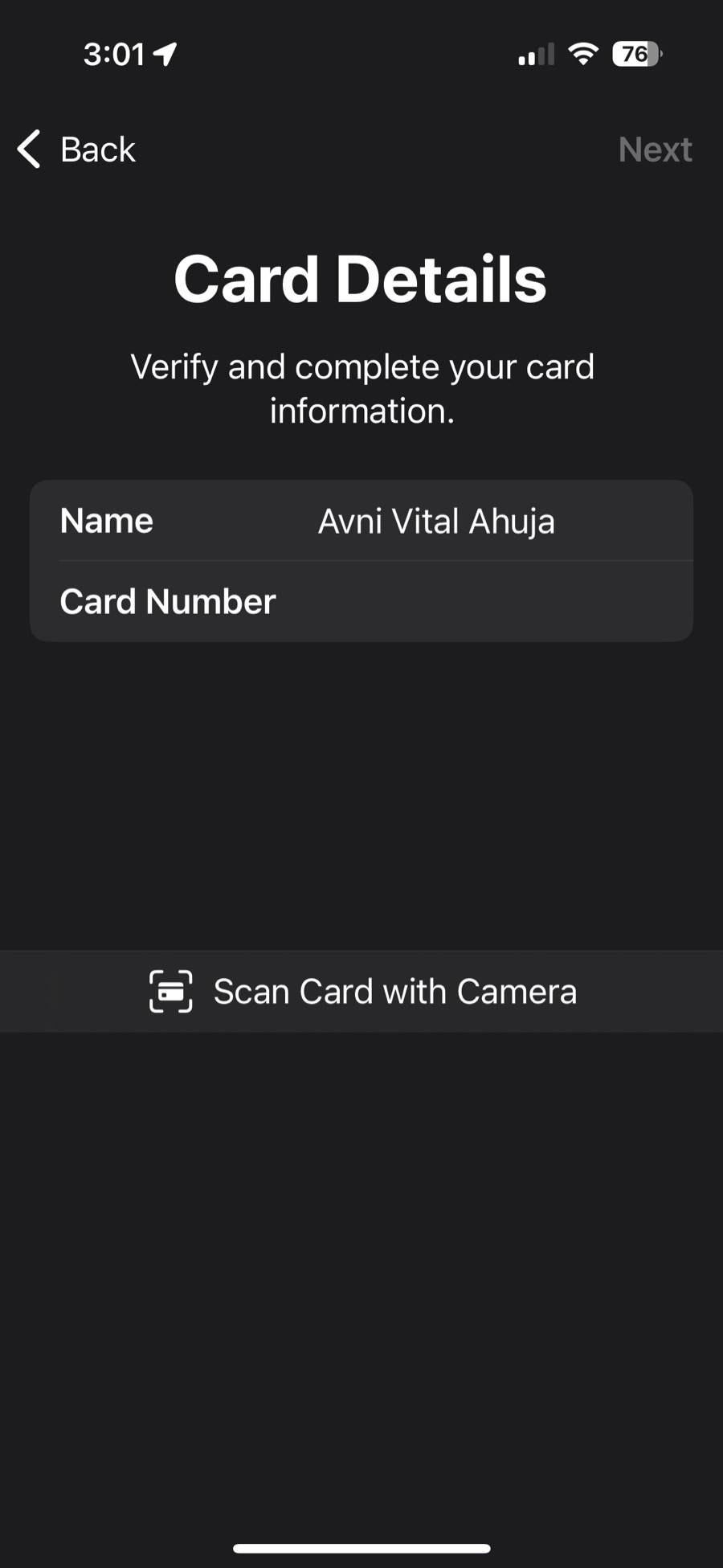 Card Details screen with name, card number, and a Scan Card with Camera button.