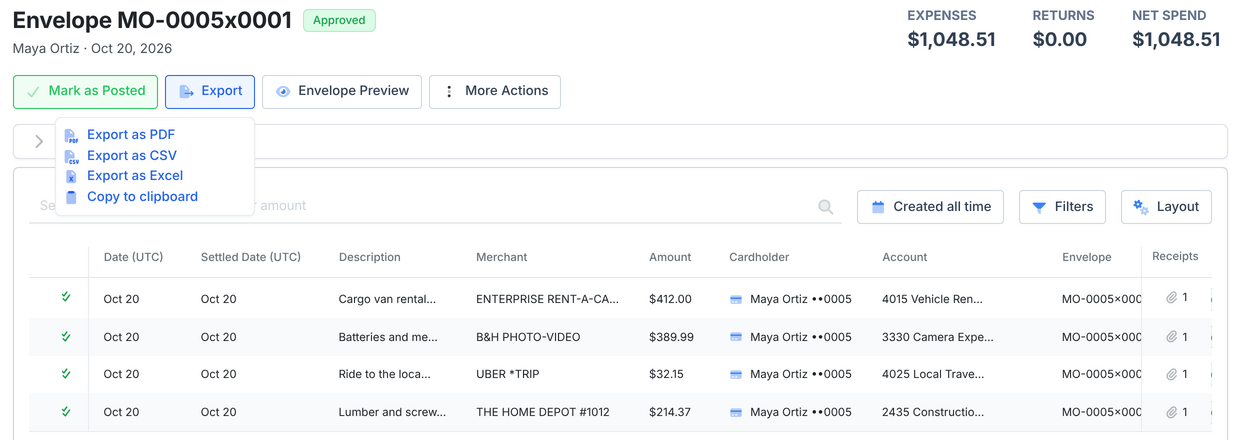 An approved envelope with its Export menu open, showing Export as PDF, Export as CSV, Export as Excel and Copy to clipboard.