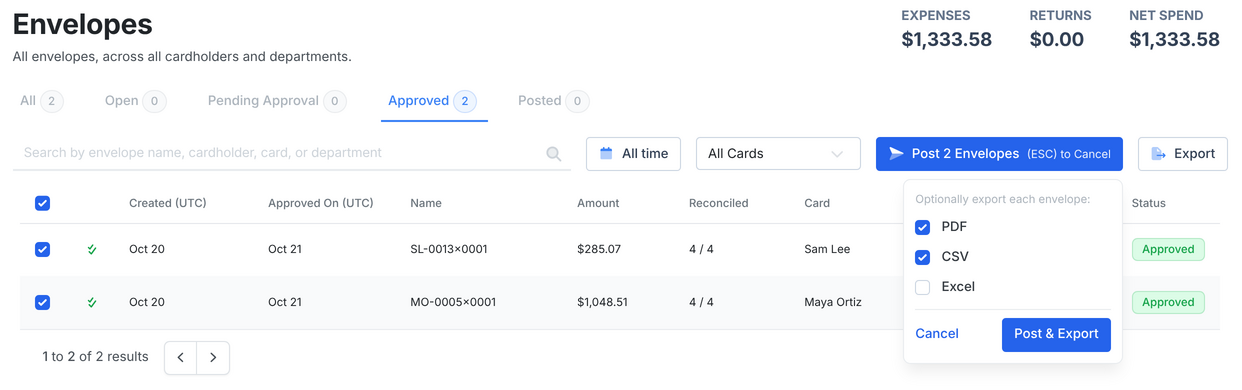 The bulk posting menu with PDF and CSV ticked, Excel unticked, and a Post & Export button.