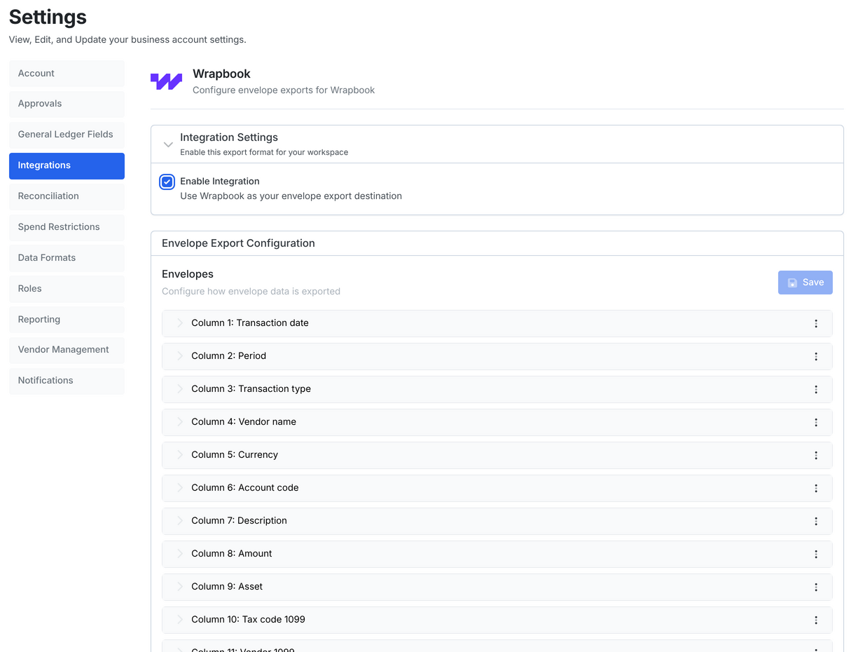 The Wrapbook settings with Enable Integration ticked and the envelope export columns: transaction date, period, transaction type, vendor name, currency, account code, description, amount and more.