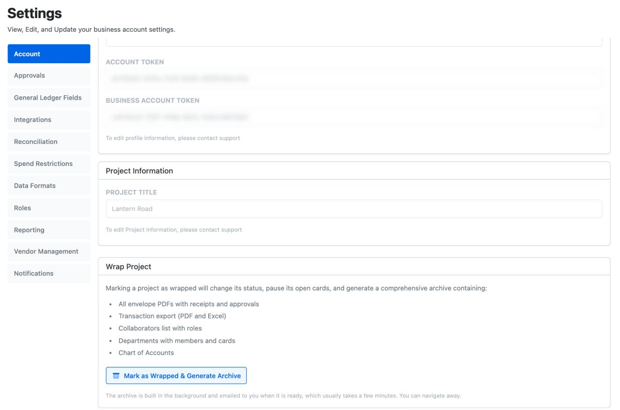 Settings, Account: the wrap card listing what the archive holds, with the Mark as Wrapped & Generate Archive button.
